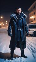 photo of adult Slavic man as spy agent standing posing for picture at winter night,