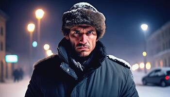 photo of adult Slavic man as spy agent standing posing for picture at winter night,