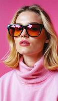 photo of beautiful woman with blonde hair and style sunglasses standing against pink background,