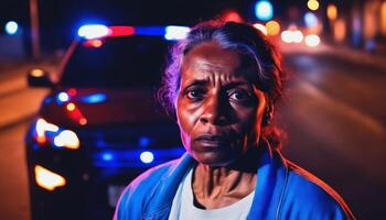 photo of portrait close up view of criminal suspect in crime scene standing in front of police car at night and red blue light,