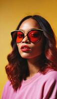 photo of beautiful african woman with style sunglasses standing against red and yellow background,