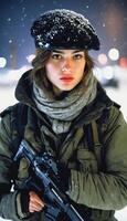 photo of adult Slavic woman as spy agent standing posing for picture at winter night,