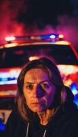 photo of portrait close up view of criminal suspect in crime scene standing in front of police car at night and red blue light,