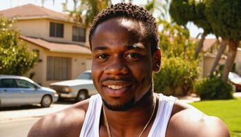 photo of black person man with white tank top in neighborhood ,