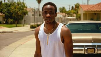 photo of black person man with white tank top in neighborhood ,