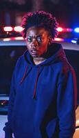 photo of portrait close up view of criminal suspect in crime scene standing in front of police car at night and red blue light,