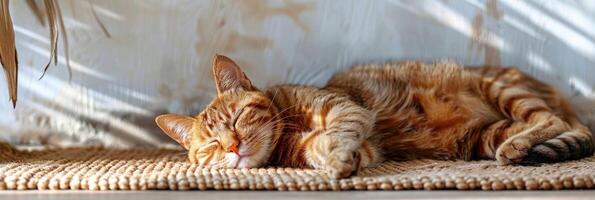 Cute relaxed cat lying on cool mat in hot day , white wall background, summer heat. photo