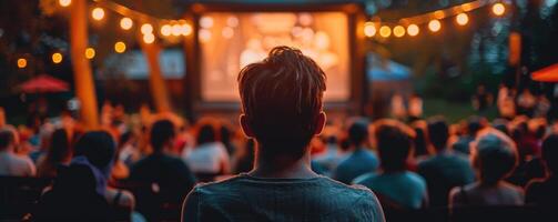 people watching outdoor cinema, big screen show. view from behind. photo