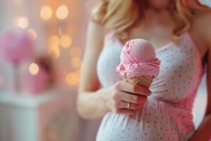 pregnant young woman eating ice cream cone. photo