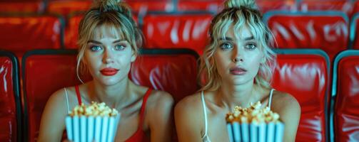 two women watching movie in cinema, eating popcorn. photo