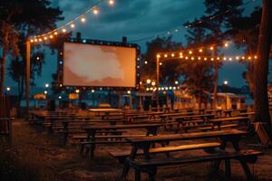 blanco blanco pantalla al aire libre en verde césped parque. al aire libre cine, grande pantalla espectáculo. foto