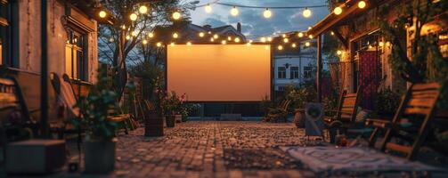 blanco blanco pantalla al aire libre en verde césped parque. al aire libre cine, grande pantalla espectáculo. foto