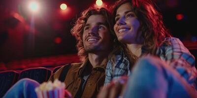 Pareja riendo mientras acecho película en cine. foto