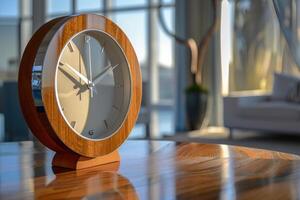 modern alarm clock and houseplant on bedside table. photo