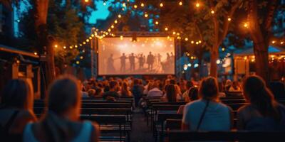 blank white screen outdoors in green grass park. outdoor cinema, big screen show. photo