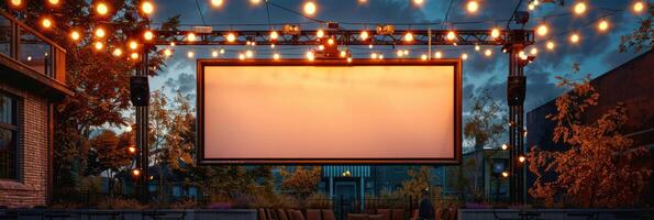 blank white screen outdoors in green grass park. outdoor cinema, big screen show. photo