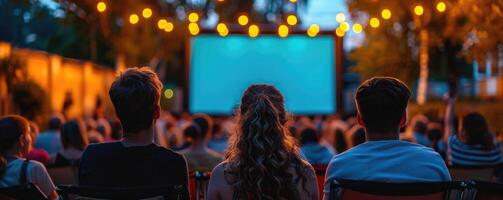 people watching outdoor cinema, big screen show. view from behind. photo