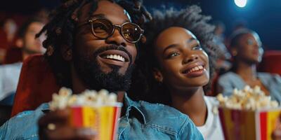 Pareja riendo mientras acecho película en cine. foto