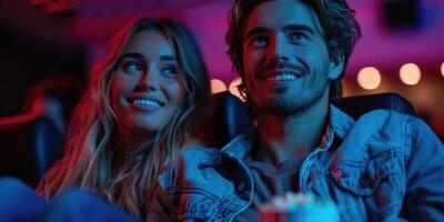 couple laughing while watching movie in cinema. photo