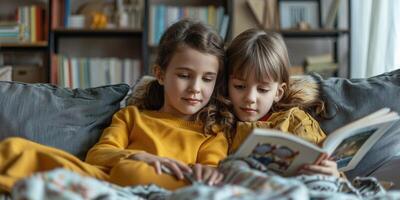 Cute children reading a book and smiling while sitting on a sofa in the room. photo