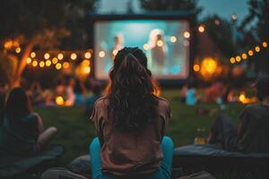 people watching outdoor cinema, big screen show. view from behind. photo