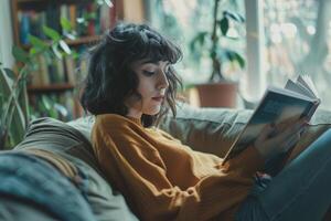 young woman reading a book at home. photo