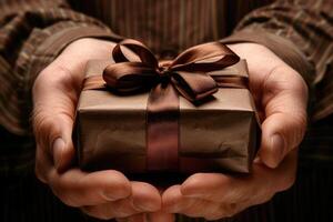 male hands holding gift with brown ribbon. photo
