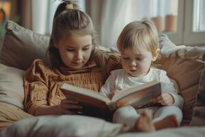 linda niños leyendo un libro y sonriente mientras sentado en un sofá en el habitación. foto