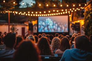 people watching outdoor cinema, big screen show. view from behind. photo