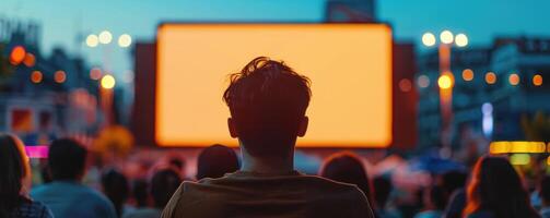 people watching outdoor cinema, big screen show. view from behind. photo