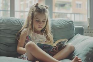 linda niña leyendo un libro y sonriente mientras sentado en un sofá en el habitación. foto