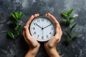 hands holding clock. photo