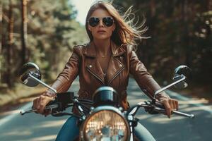 niña motociclista en un negro chaqueta y guantes. foto