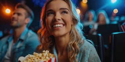 couple laughing while watching movie in cinema. photo