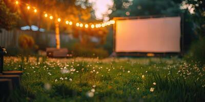 blurred blank white screen outdoors in grass park. outdoor cinema, big screen show, focus on foreground. photo