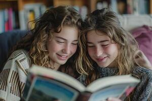 teen girls reading a book at home. photo