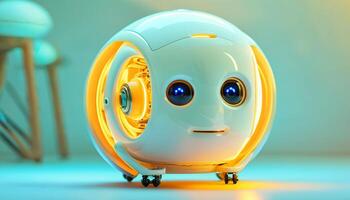 photo of robot with wheels with glowing light,