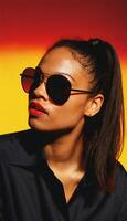 photo of beautiful african woman with style sunglasses standing against red and yellow background,