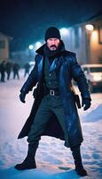 photo of adult Slavic man as spy agent standing posing for picture at winter night,