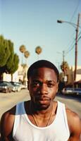 photo of black person man with white tank top in neighborhood ,