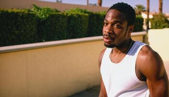 photo of black person man with white tank top in neighborhood ,