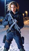 photo of adult Slavic woman as spy agent standing posing for picture at winter night,