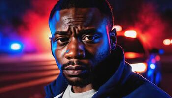 photo of portrait close up view of criminal suspect in crime scene standing in front of police car at night and red blue light,