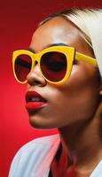 photo of beautiful african woman with style sunglasses standing against red and yellow background,