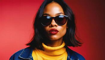 photo of beautiful african woman with style sunglasses standing against red and yellow background,