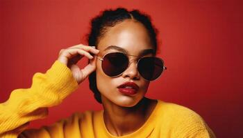 photo of beautiful african woman with style sunglasses standing against red and yellow background,