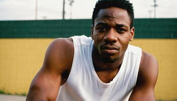 photo of black person man with white tank top in neighborhood ,