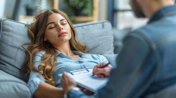 psicólogo psicoterapeuta - figura en mental salud y asesoramiento, empático diálogo con Deprimido paciente, capturar esencial observaciones a guía terapéutico intervenciones. foto