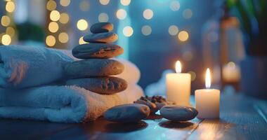 Calm spa escape - candles, orchids, grey stones rest on towels amid soft bokeh lights, crafting a serene atmosphere for ultimate relaxation and rejuvenation. photo