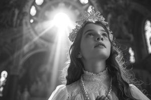 Sacred milestone - capturing the essence of first communion in a tender and symbolic portrayal, where young believers embrace the solemnity and spirituality of this significant rite photo